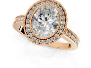 Halo Engagement Ring Setting for Oval Center with Milgrain Halo, Pave Band and Prong Head in Rose Gold
