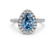 Halo Engagement Ring Setting for Fancy Blue Pear-Shaped Center with Raised Halo, Pave Band and Prong Head in Sterling Silver