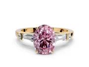Bar-Set Engagement Ring Setting for Fancy Pink Oval Center with Tapered Baguette Accents and Prong Head in Yellow Gold