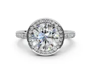 Halo Engagement Ring Setting for Round Cut Center with Metal-Rimmed Halo, Pave Band and Prong Head in White Gold