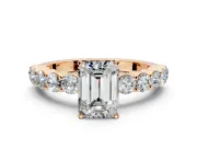 Shared-Prong Engagement Ring Setting for Emerald Cut Center with Graduated Accents and Prong Head in Rose Gold