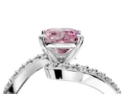Solitaire Engagement Ring Setting for Fancy Pink Cushion Cut Center with Pave Bypass Swirl Band and Prong Head in White Gold