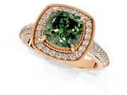 Milgrain Halo Engagement Ring Setting for Fancy Green Cushion Cut Center with Three-Sided Pave Band and Prong Head in Rose Gold