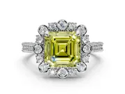 Milgrain Halo Engagement Ring Setting for Fancy Yellow Asscher Cut Center with Bezel Point Accents and Prong Head in Platinum