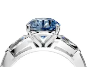 3 Stone Engagement Ring Setting for Fancy Blue Round Cut Center with Tapered Baguettes, Plain Band and Prong Head in Sterling Silver