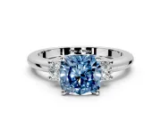 3 Stone Engagement Ring Setting for Fancy Blue Cushion Cut Center with Wide Plain Band and Prong Head in Platinum