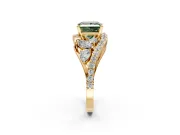 Halo Engagement Ring Setting for Fancy Green Princess Cut Center with Marquise and Pave Bypass Band and Prong Head in Yellow Gold