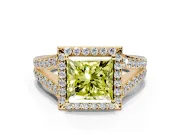 Halo Engagement Ring Setting for Fancy Yellow Princess Cut Center with Narrow Pave Split Shank and Prong Head in Yellow Gold