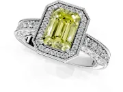 Milgrain Halo Engagement Ring Setting for Fancy Yellow Emerald Cut Center with Wide Pave Band and Prong Head in Platinum