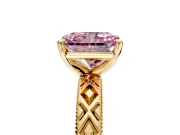 Solitaire Engagement Ring Setting for Fancy Pink Radiant Cut Center with Milgrain X Pattern Band and Prong Head in Yellow Gold