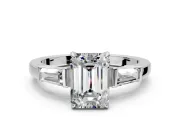 3 Stone Engagement Ring Setting for Emerald Cut Center with Baguette Accents and Prong Head in White Gold