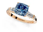 Bar-Set Engagement Ring Setting for Fancy Blue Cushion Cut Center with Tapered Baguette Accents and Prong Head in Rose Gold