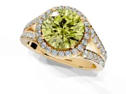 Halo Engagement Ring Setting for Fancy Yellow Round Cut Center with Narrow Pave Split Shank and Prong Head in Yellow Gold