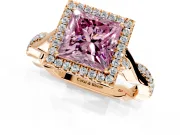 Halo Engagement Ring Setting for Fancy Pink Princess Cut Center with Twist Band and Prong Head in Rose Gold