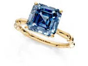 Solitaire Engagement Ring Setting for Fancy Blue Asscher Cut Center with Bamboo Band and Prong Head in Yellow Gold