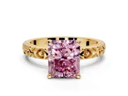 Solitaire Engagement Ring Setting for Fancy Pink Radiant Cut Center with XO Engraved Band and Prong Head in Yellow Gold