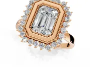 Halo Engagement Ring Setting for Emerald Cut Center with Milgrain Bezel Rim, Plain Band and Prong Head in Rose Gold
