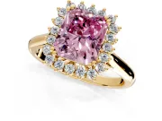 Starburst Halo Engagement Ring Setting for Fancy Pink Radiant Cut Center with Thin Round-Wire Band and Prong Head in Yellow Gold