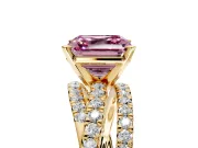 Solitaire Engagement Ring Setting for Fancy Pink Asscher Cut Center with Woven 3-Strand Pave Band and Prong Head in Yellow Gold