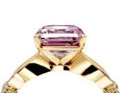 Solitaire Engagement Ring Setting for Fancy Pink Asscher Cut Center with Carved Leaf Shoulders and Prong Head in Yellow Gold