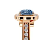 Halo Engagement Ring Setting for Fancy Blue Cushion Cut Center with Outer Bezel Rim, Pave Band and Prong Head in Rose Gold
