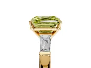 3 Stone Engagement Ring Setting for Fancy Yellow Asscher Cut Center with Tapered Baguettes, Plain Band and Prong Head in Yellow Gold
