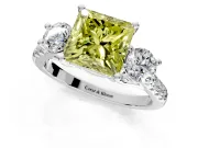 3 Stone Engagement Ring Setting for Fancy Yellow Princess Cut Center with Crossover Basket, Pave Band and Prong Head in White Gold
