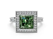 Halo Engagement Ring Setting for Fancy Green Princess Cut Center with Milgrain Pave Band and Bezel Head in Sterling Silver