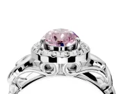 Halo Engagement Ring Setting for Fancy Pink Pear-Shaped Center with Open Scroll Shoulders and Prong Head in Platinum