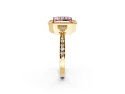 Halo Engagement Ring Setting for Fancy Pink Radiant Cut Center with Milgrain Rim, Pave Band and Prong Head in Yellow Gold