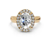 Halo Engagement Ring Setting for Oval Center with Square Band and Prong Head in Yellow Gold