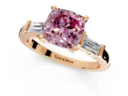 3 Stone Engagement Ring Setting for Fancy Pink Cushion Cut Center with Channel Baguette Accents and Prong Head in Rose Gold