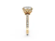 Halo Engagement Ring Setting for Radiant Cut Center with Openwork Halo, Pave Band and Prong Head in Yellow Gold