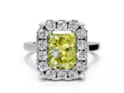 Single Halo Engagement Ring Setting for Fancy Yellow Radiant Cut Center with Corner Claws, Plain Band and Prong Head in Platinum