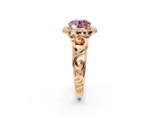 Halo Engagement Ring Setting for Fancy Pink Round Cut Center with Open Scroll Shoulders and Prong Head in Rose Gold