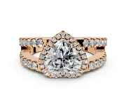 Halo Engagement Ring Setting for Heart-Shaped Center with Wide-Open Pave Split Shank and Prong Head in Rose Gold
