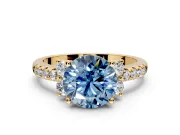 Paired Accent Engagement Ring Setting for Fancy Blue Round Cut Center with Pave Band and Prong Head in Yellow Gold