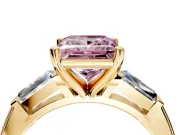 3 Stone Engagement Ring Setting for Fancy Pink Princess Cut Center with Tapered Baguettes, Plain Band and Prong Head in Yellow Gold