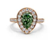 Bezel-Framed Halo Engagement Ring Setting for Fancy Green Pear-Shaped Center with Pave Band and Prong Head in Rose Gold