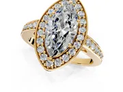 Bezel-Framed Halo Engagement Ring Setting for Marquise Center with Pave Band and Prong Head in Yellow Gold
