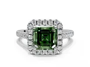 Halo Engagement Ring Setting for Fancy Green Asscher Cut Center with Raised Halo, Pave Band and Prong Head in Sterling Silver