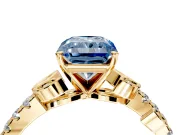 Leaf Motif Engagement Ring Setting for Fancy Blue Radiant Cut Center with Pave Band and Prong Head in Yellow Gold