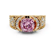 Pave Engagement Ring Setting for Fancy Pink Cushion Cut Center with Curved Accent Rows, Openwork and Prong Head in Yellow Gold