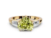 3 Stone Engagement Ring Setting for Fancy Yellow Heart-Shaped Center with Baguette Accents and Prong Head in Yellow Gold