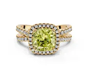 Halo Engagement Ring Setting for Fancy Yellow Cushion Cut Center with Double Pave Split Shank and Prong Head in Yellow Gold