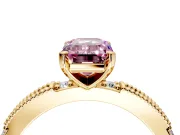 Solitaire Engagement Ring Setting for Fancy Pink Emerald Cut Center with Milgrain-Edged Pave Band and Prong Head in Yellow Gold