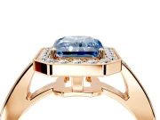 Bezel-Framed Halo Engagement Ring Setting for Fancy Blue Radiant Cut Center with Pave Band and Prong Head in Rose Gold