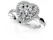 Halo Engagement Ring Setting for Heart-Shaped Center with Pave and Plain Twist Band and Prong Head in Platinum
