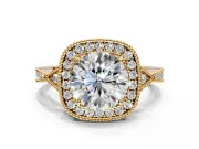 Halo Engagement Ring Setting for Round Cut Center with Milgrain Rim, Pave Band and Prong Head in Yellow Gold