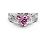 3 Stone Engagement Ring Setting for Fancy Pink Heart-Shaped Center with Pave Twist Band and Prong Head in Platinum